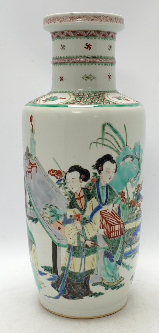 A large Chinese famille verte rouleau vase, 46cm. Condition - good